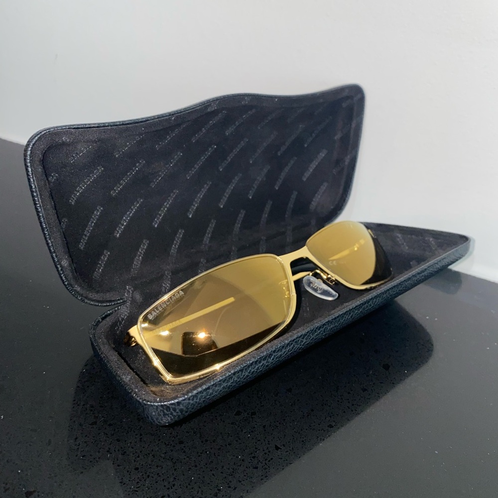 Authentic Balenciaga Gold Sunglasses rectangle wrap shield 64mm Half Rim
